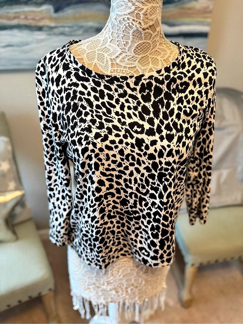 Jones New York Animal Print Long Sleeve Top Brown & Black Size PM